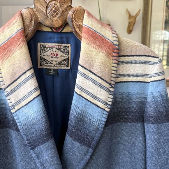 Vintage 90s Express Made in Italy Blanket Print Wool Blend Oversized Blazer XS - Picture 2 of 8